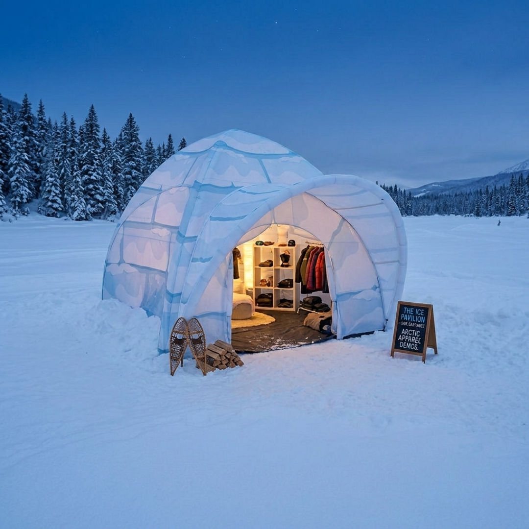 Lit interior of an enclosed branded winter structure