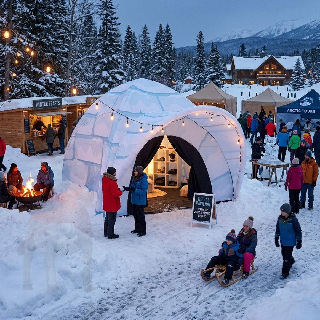 Igloo-style branded tent used as a warm winter event space