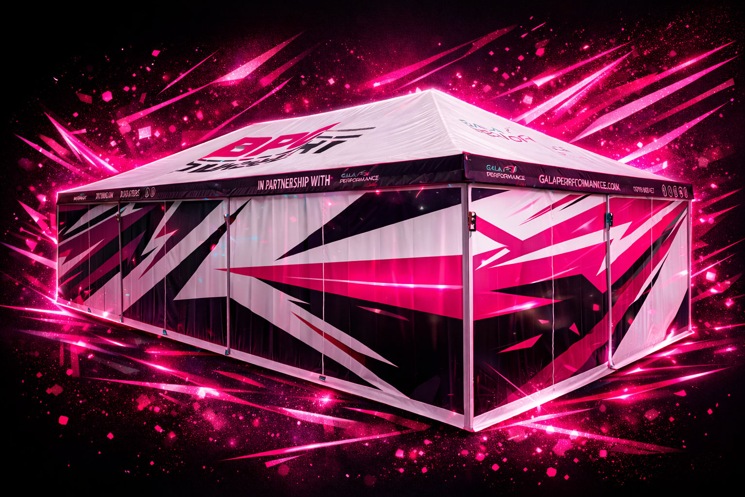 A branded marquee on a black background with stylish pink flashes