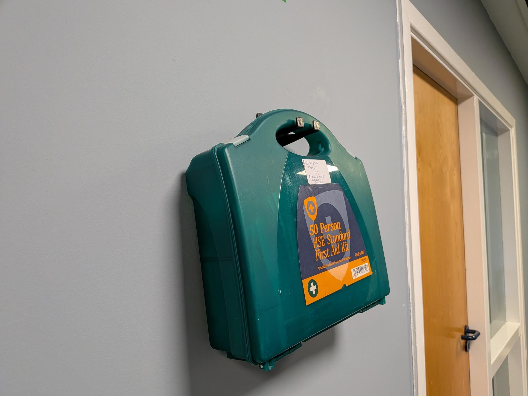 First aid kit on wall at Gala Tent