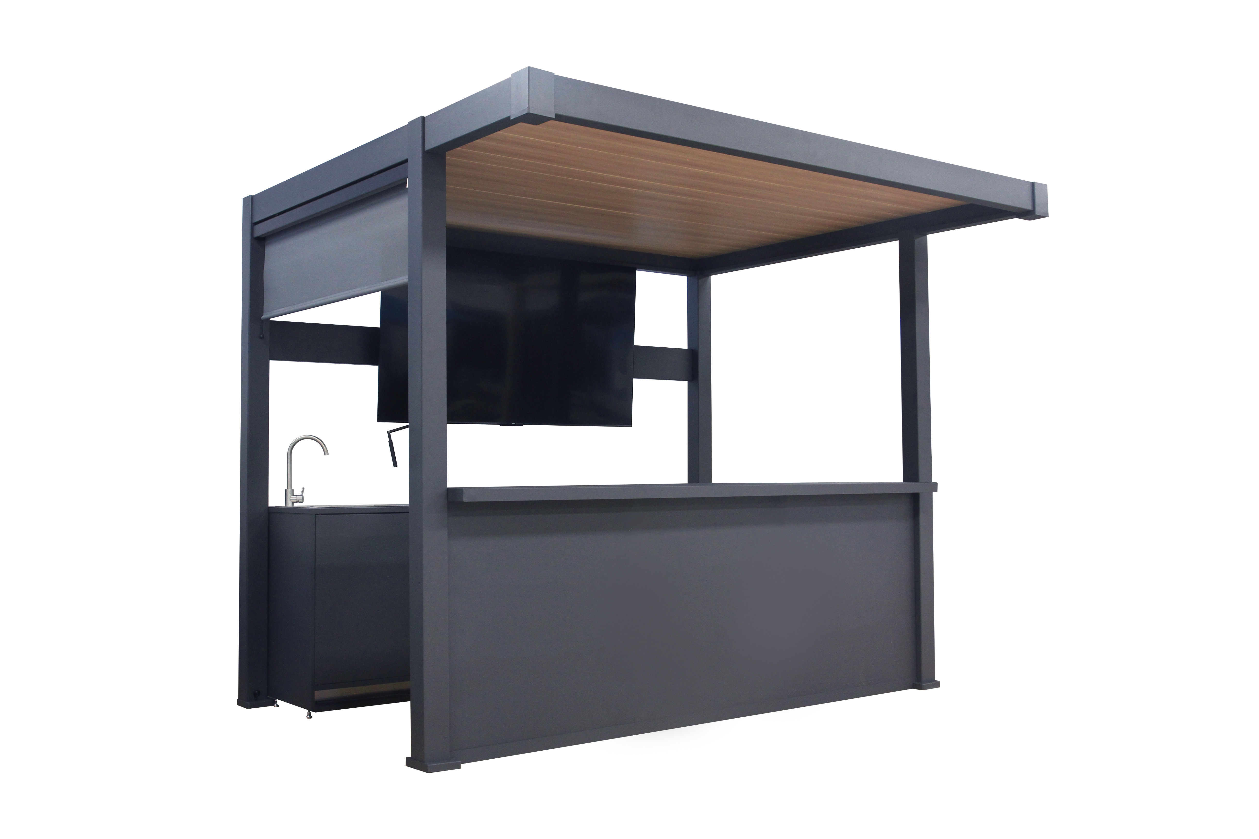 Pergula Lumina aluminium pergola kitchen suite with a wood-effect steel roof
