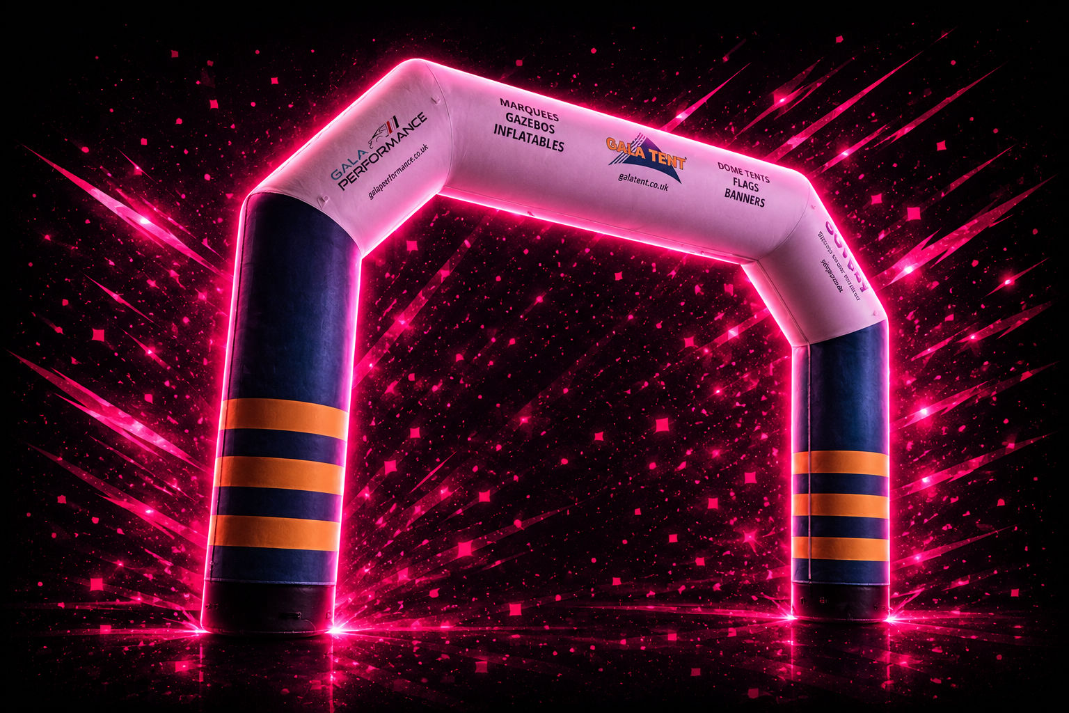 inflatable arch on black background with stylish pink flashes
