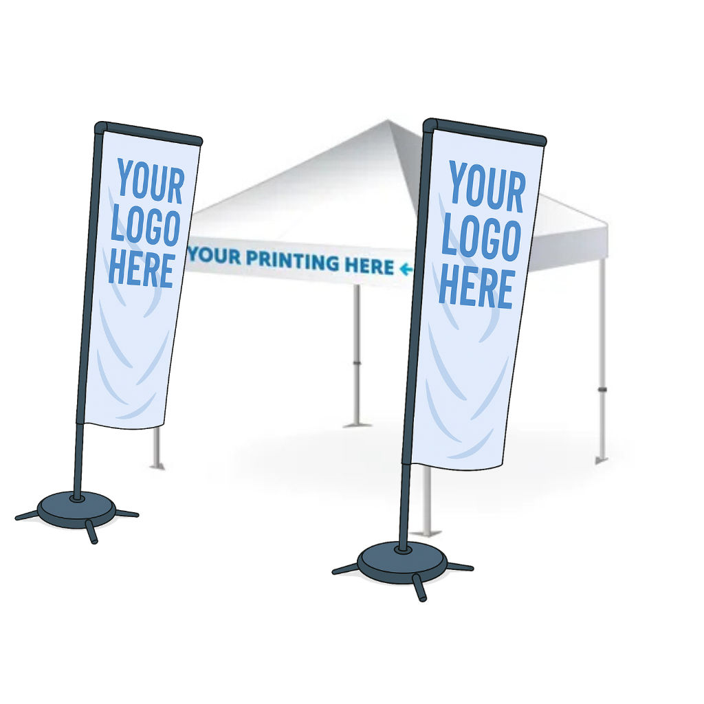 Printed gazebo package with front section branding and two 3m double-sided flags
