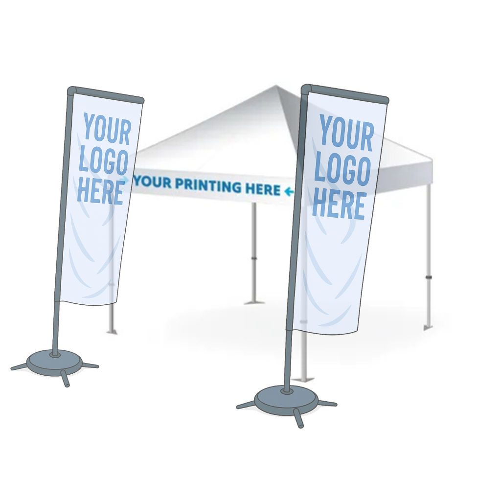 Printed gazebo package with front section branding and two 3m single-sided flags