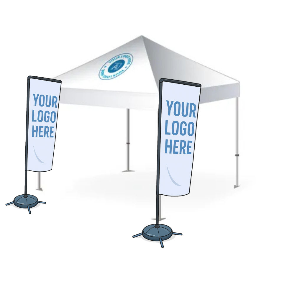 Printed gazebo package with logo on the canopy and two double-sided flags