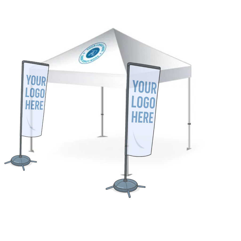 Printed gazebo package with logo on the canopy and two single-sided sail flags