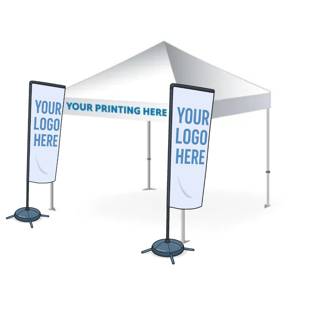 Printed gazebo package with front section branding and two double-sided flags