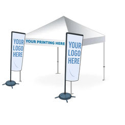 Printed gazebo package with front section branding and two double-sided flags