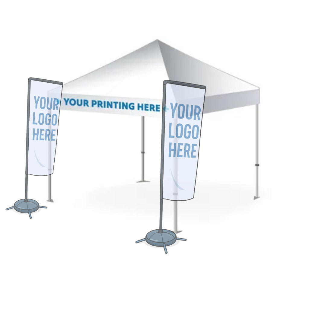 Printed gazebo package with front section branding and two single-sided sail flags