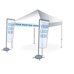 Printed gazebo package with front section branding and two single-sided sail flags