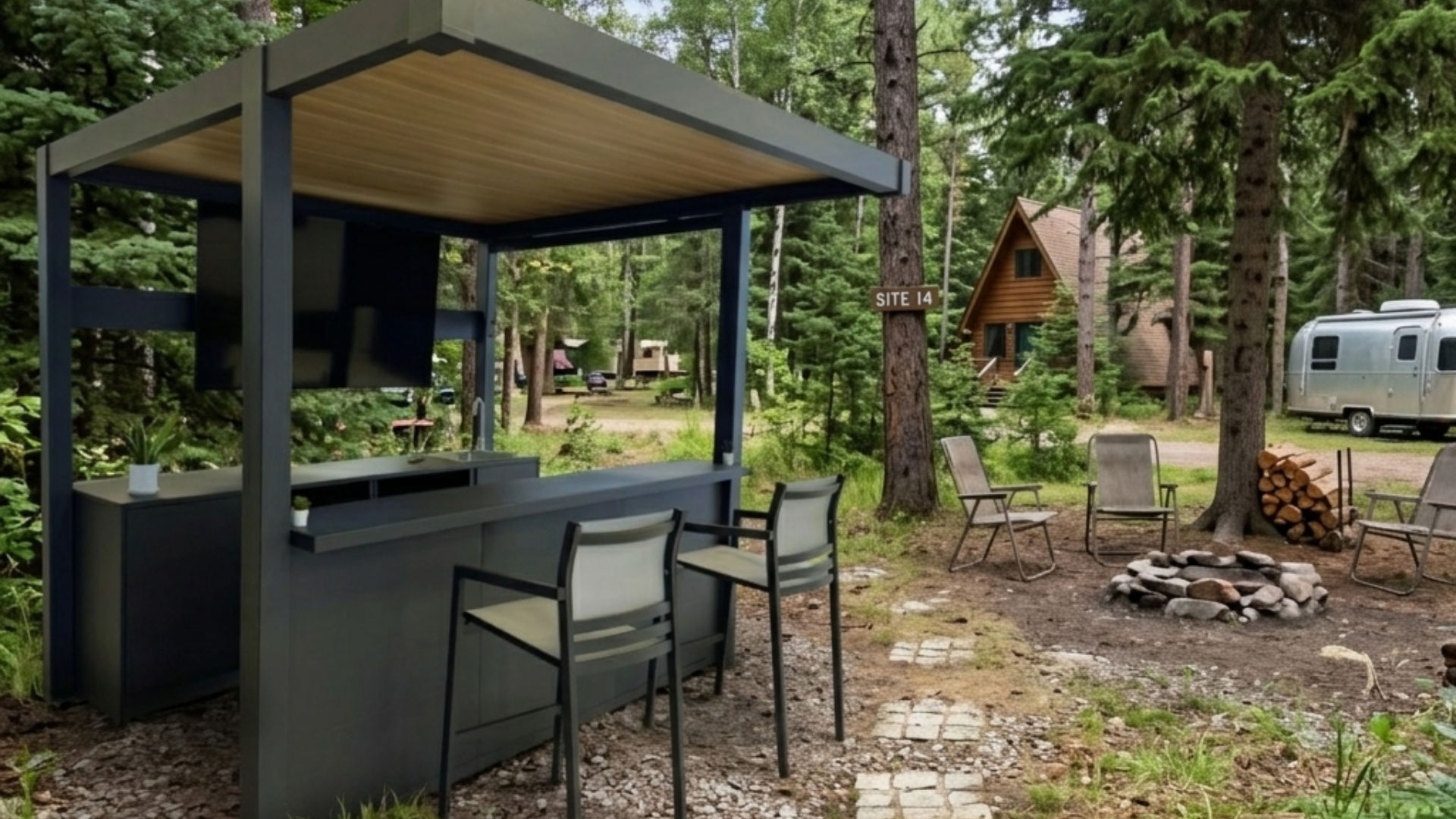 The Lumina pergola bar set up at a glamping pitch beside a bell tent, with a cool box, fire pit and pitch marker reading Site 14