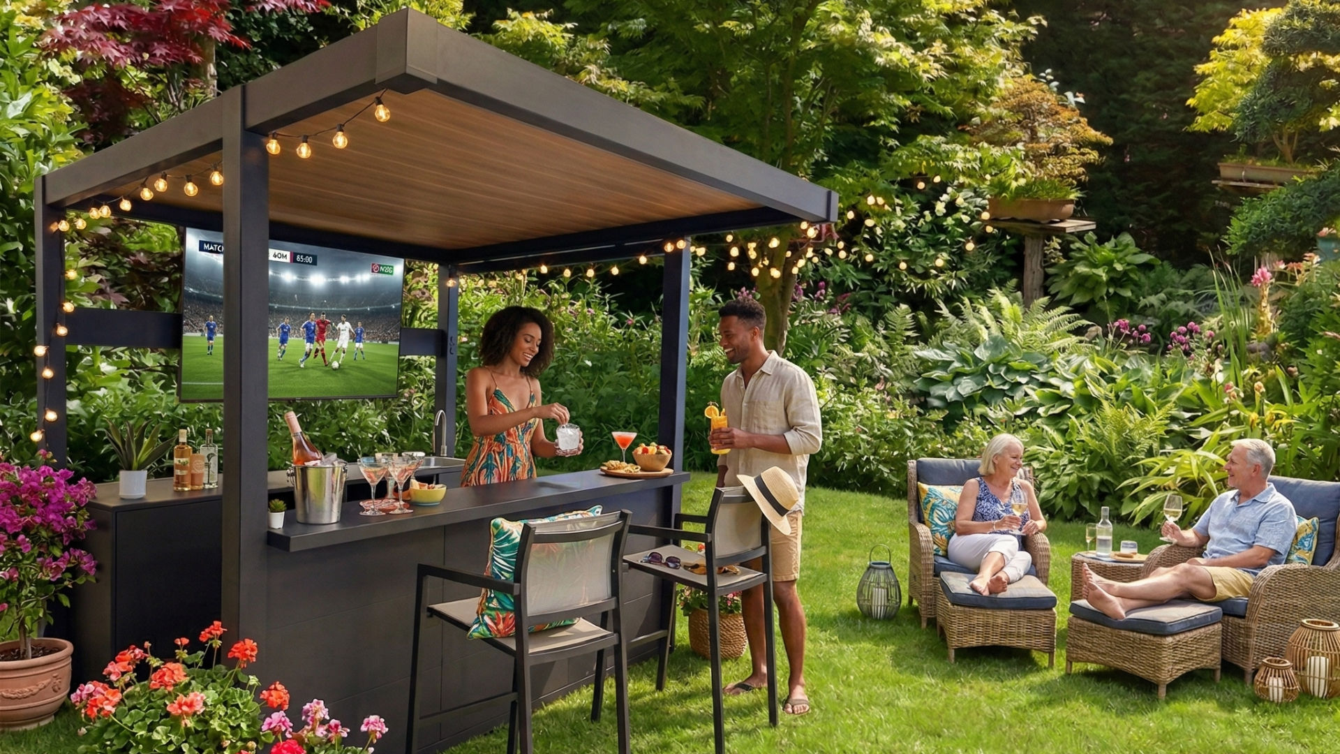 Woman mixing cocktails at the Lumina pergola bar with festoon lighting overhead while guests relax in garden chairs
