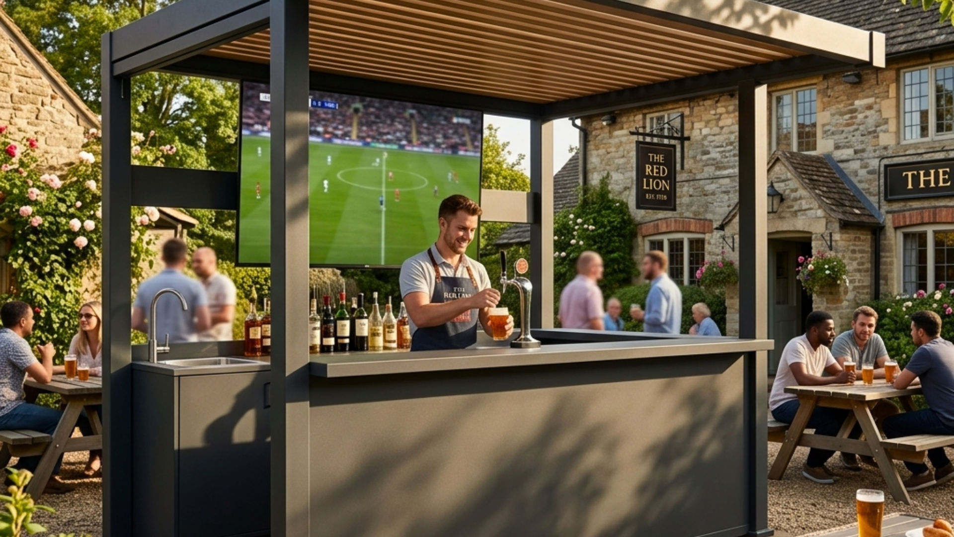 Bartender serving drinks at the Lumina pergola bar in a busy pub beer garden with cricket on the TV and Union Jack bunting