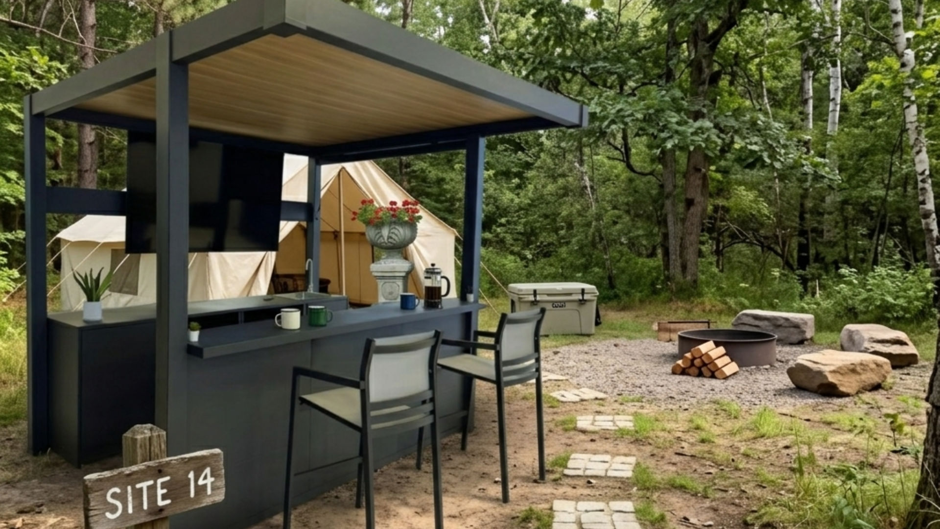 The Lumina pergola bar on a woodland campsite pitch with a log cabin, Airstream caravan and fire pit in the background