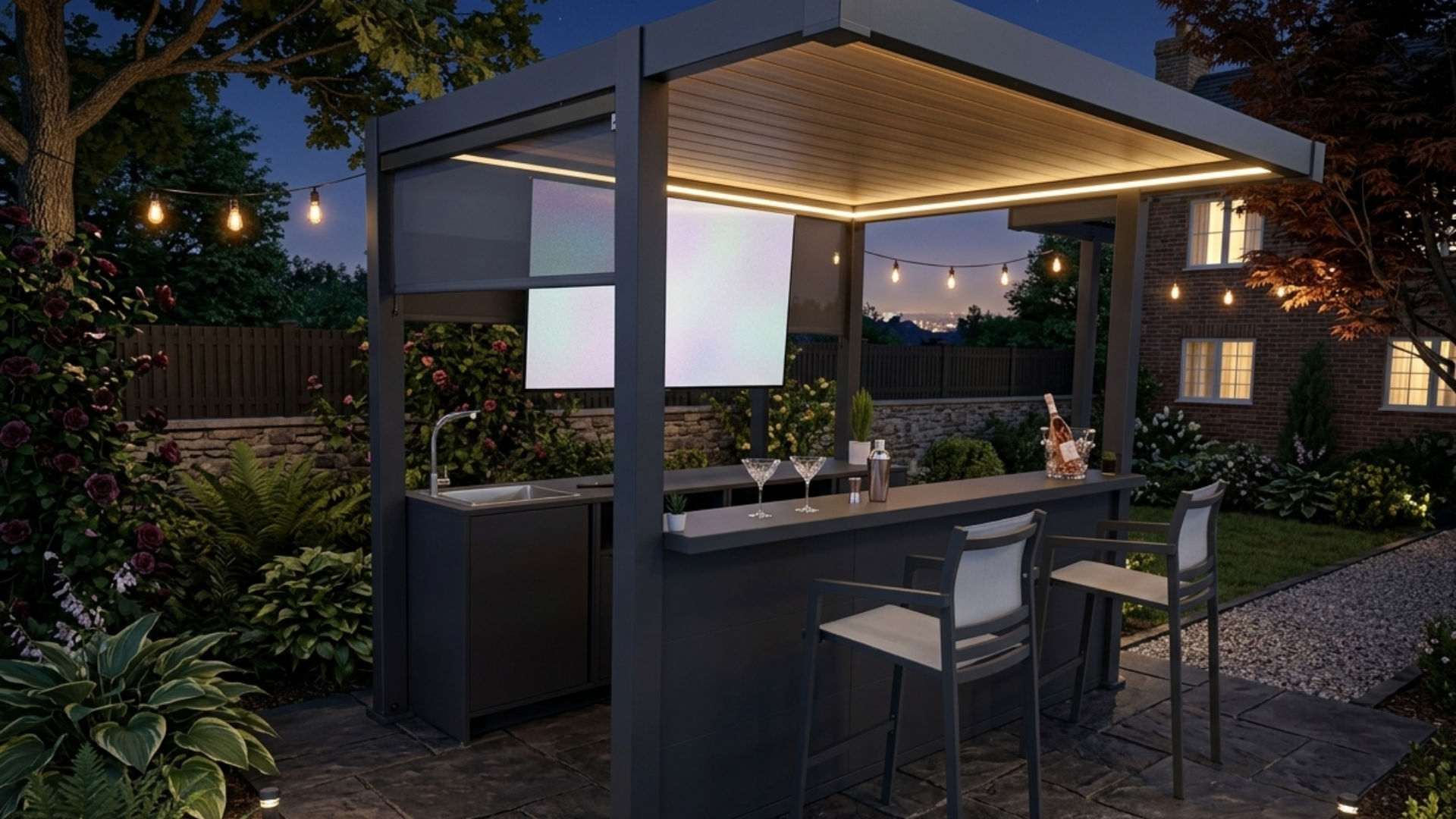 The Lumina pergola bar lit up at dusk with warm under-canopy lighting, sink, bar stools and festoon lights on a paved patio