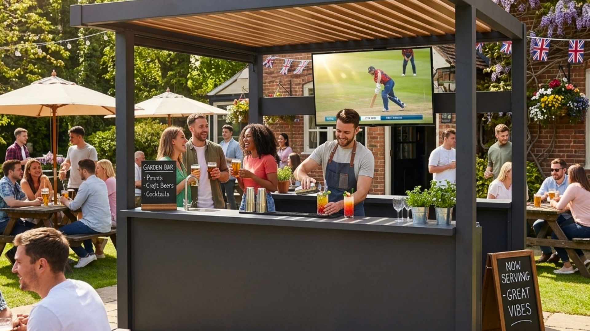 The Lumina pergola bar in use as an outdoor serving station at a country pub garden with football on the screen