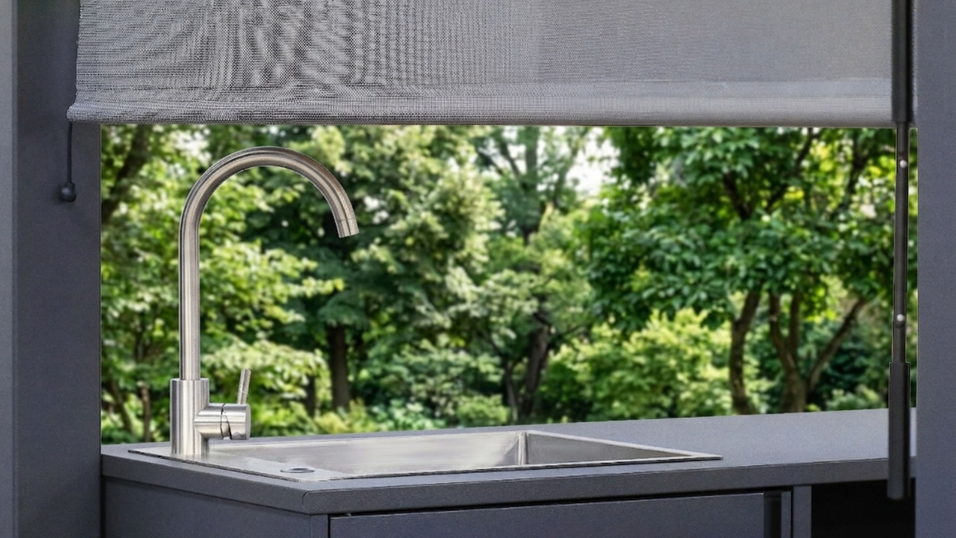 Rear view of the Lumina pergola bar showing anthracite storage cabinets on adjustable feet over garden paving