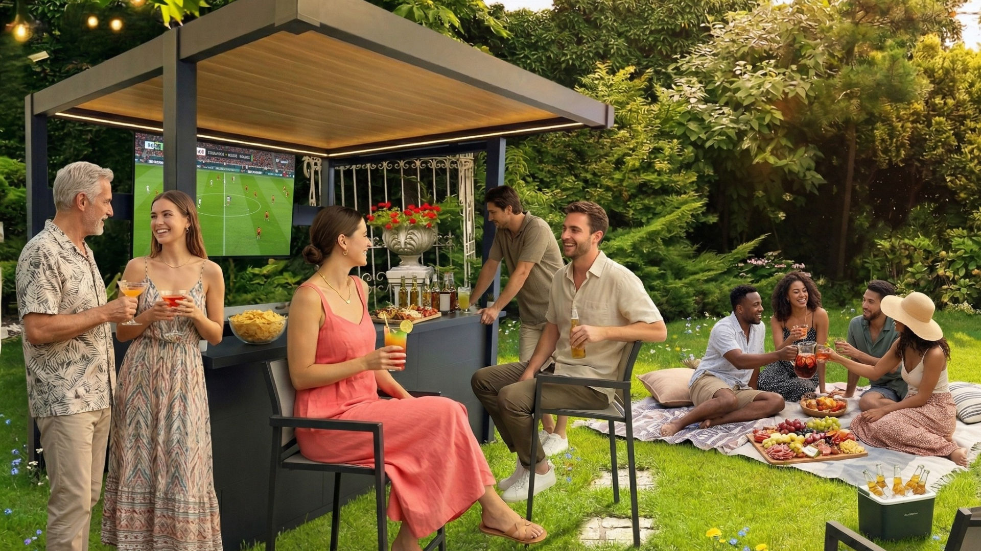 Anthracite Lumina pergola garden bar with a stainless steel sink, wall-mounted TV and two bar stools on a stone patio