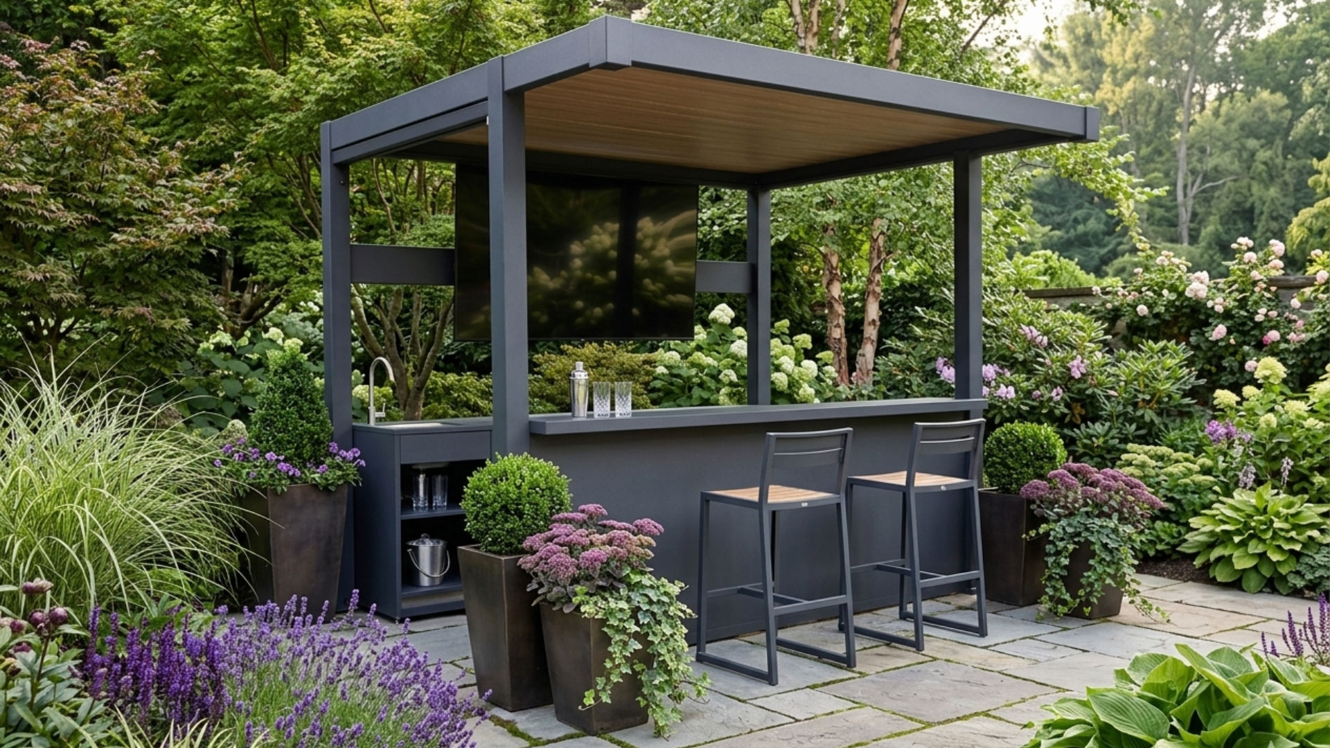 Anthracite Lumina pergola garden bar with a stainless steel sink, wall-mounted TV and two bar stools on a stone patio