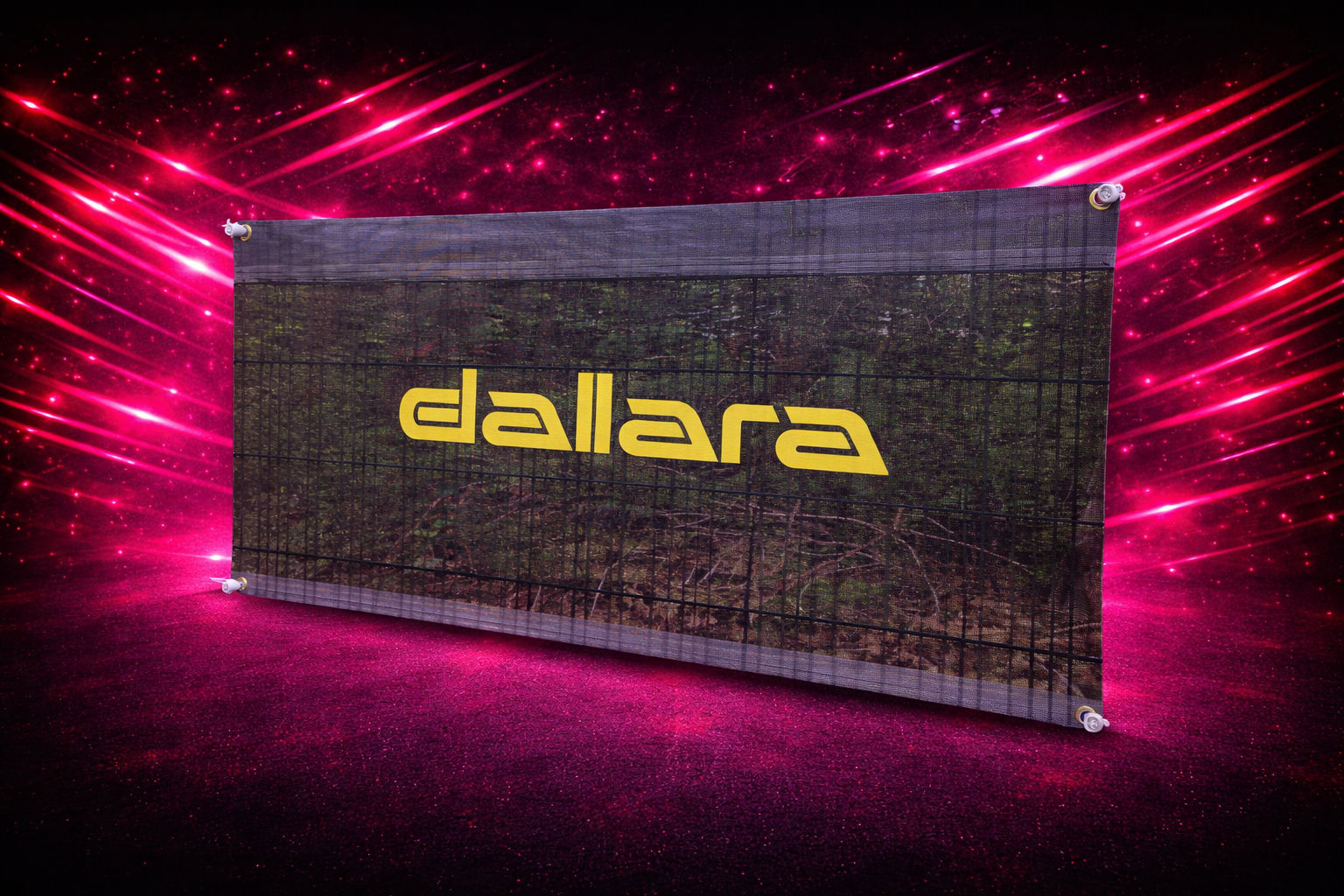 PVC printed banner on black background with hot pink flashes