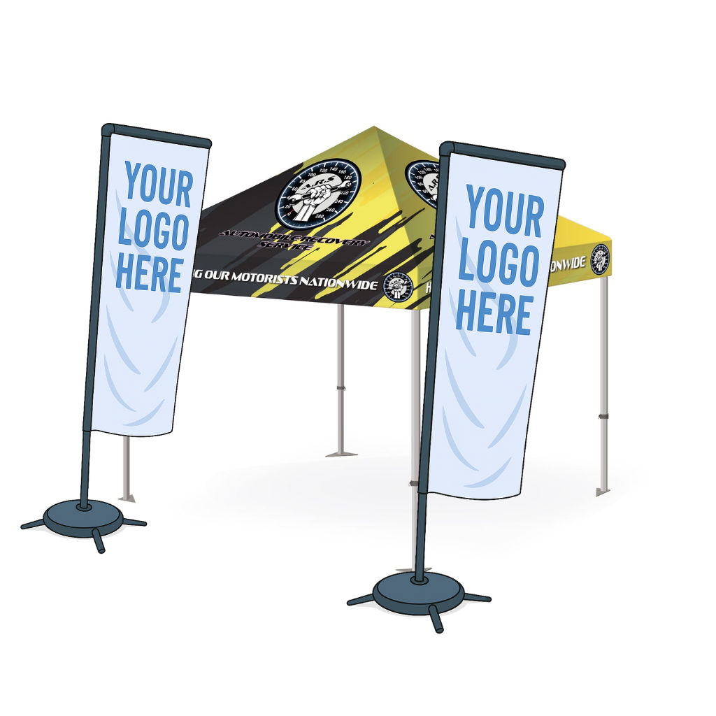 Full colour dye-sublimation printed gazebo with two 3m double-sided flags