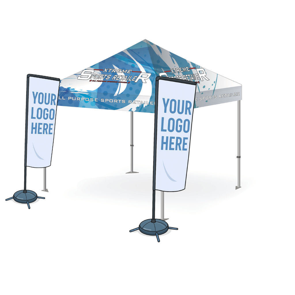 Full colour dye-sublimation printed gazebo with two double-sided flags