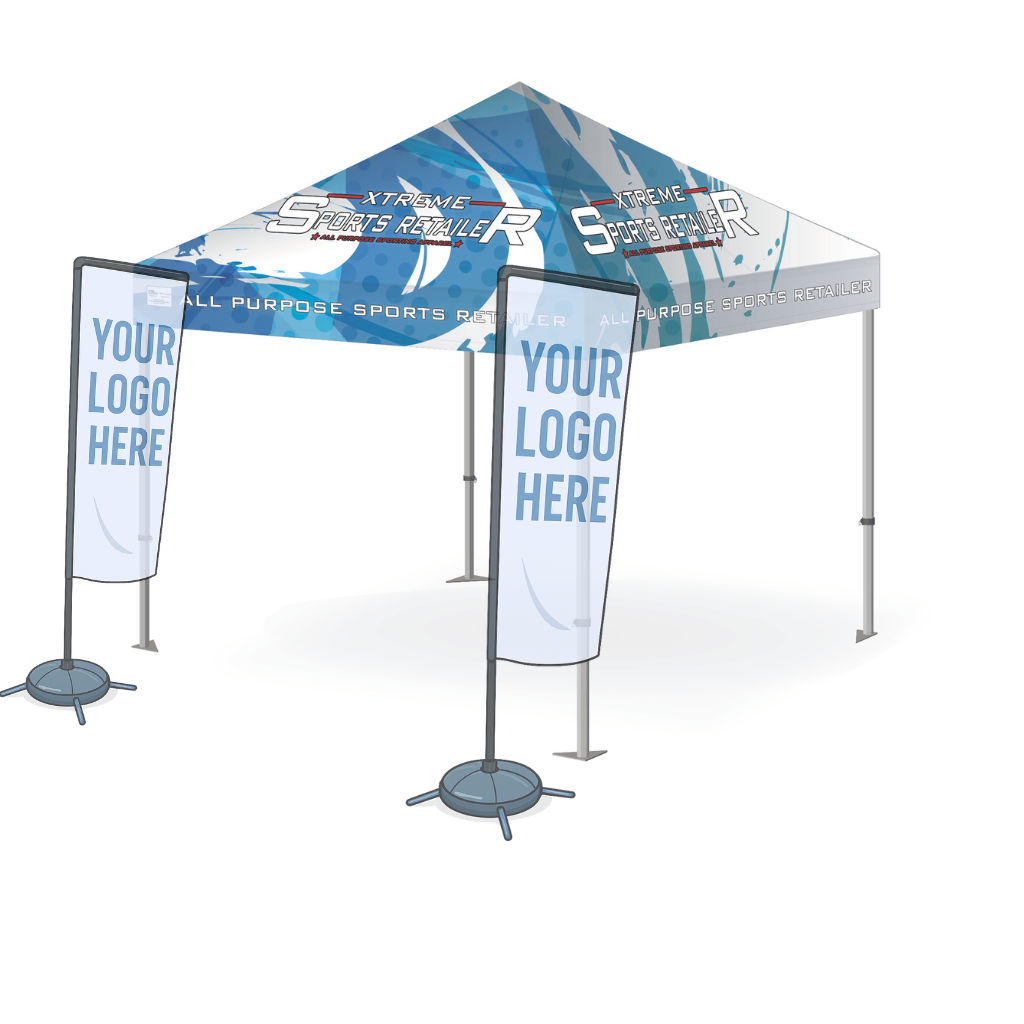 Full colour dye-sublimation printed gazebo with two single-sided sail flags