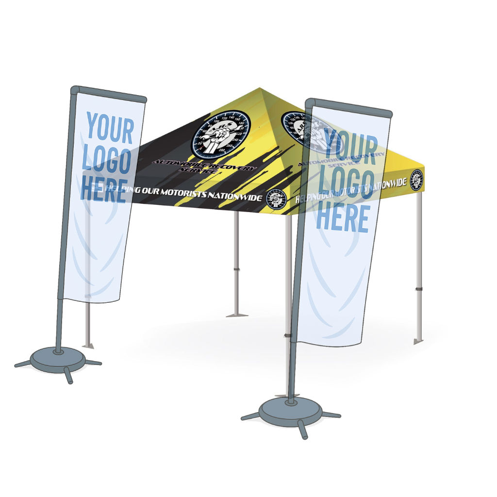 Full colour dye-sublimation printed gazebo with two 3m single-sided flags