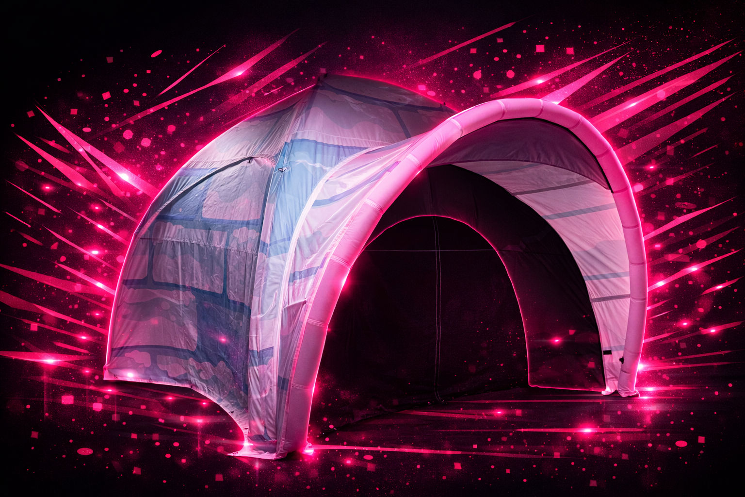 inflatable igloo tent on black background with stylish pink flashes