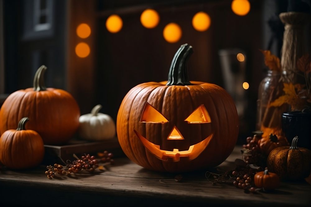 Halloween event with pumpkins and evening lighting