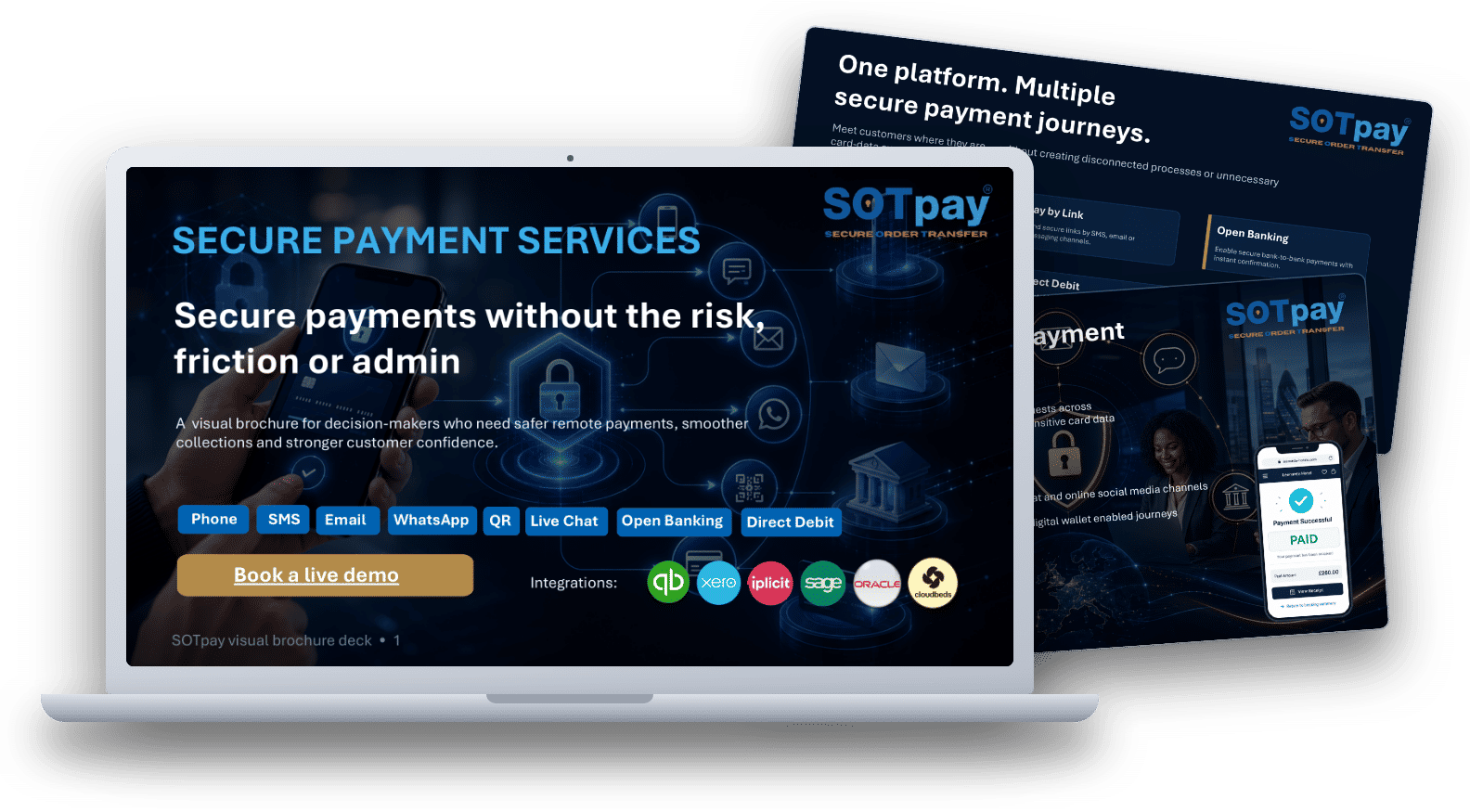 The SOTpay visual brochure shown on a laptop screen with inner pages fanned behind