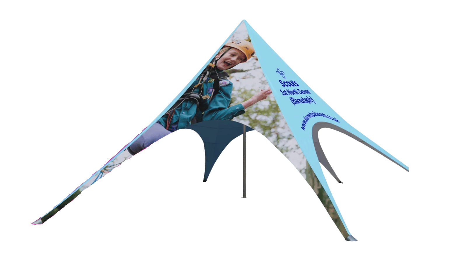 A printed star tent on blank background - it is branded for the scouts