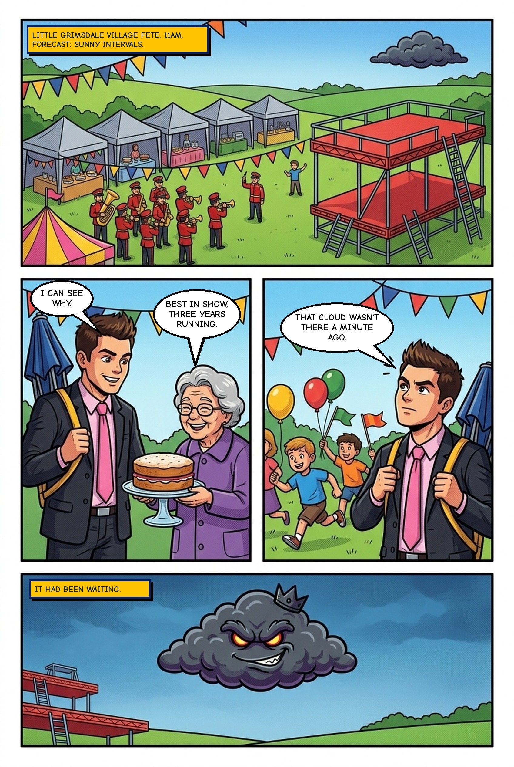 Comic page 1: Jason Mace arrives at the Little Grimsdale village fete as a storm cloud gathers over the field