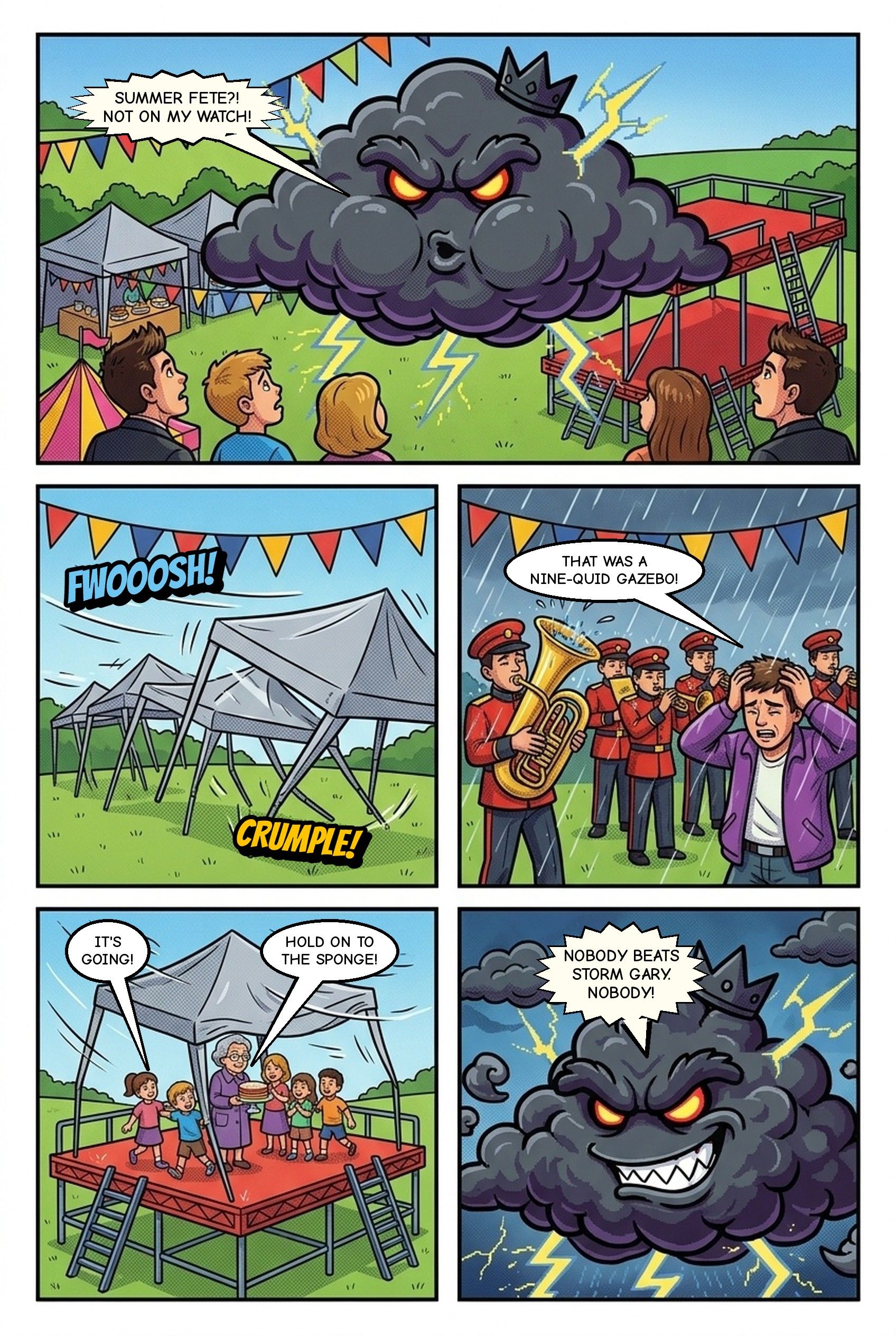 Comic page 2: Storm Gary blows the fete's cheap gazebos away and a nine-quid gazebo crumples