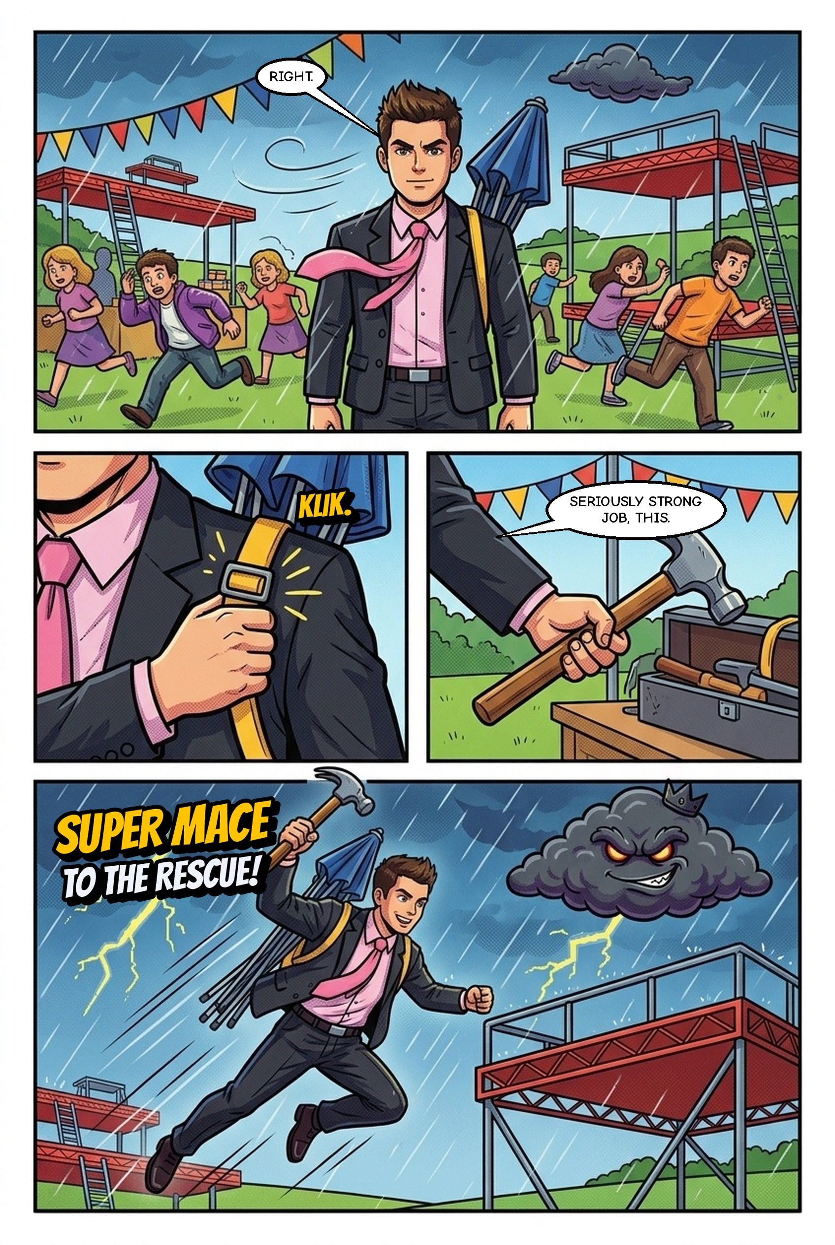 Comic page 3: Jason straps a gazebo to his back, picks up a hammer and leaps into action as Super Mace