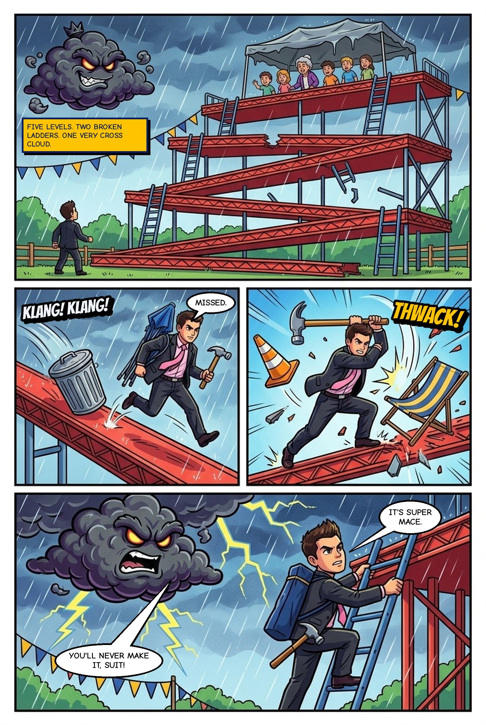 Comic page 4: Super Mace climbs a five-level stage, smashing the bins, cones and deckchairs Storm Gary throws at him