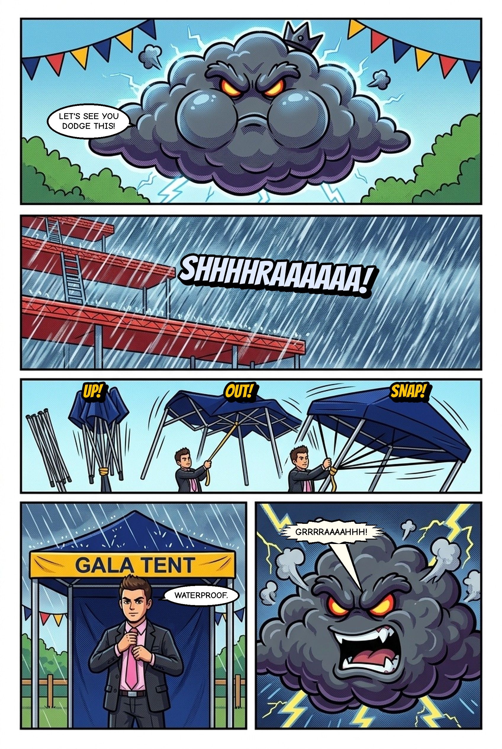Comic page 5: Storm Gary unleashes a downpour and Super Mace puts up a waterproof Gala Tent gazebo in seconds