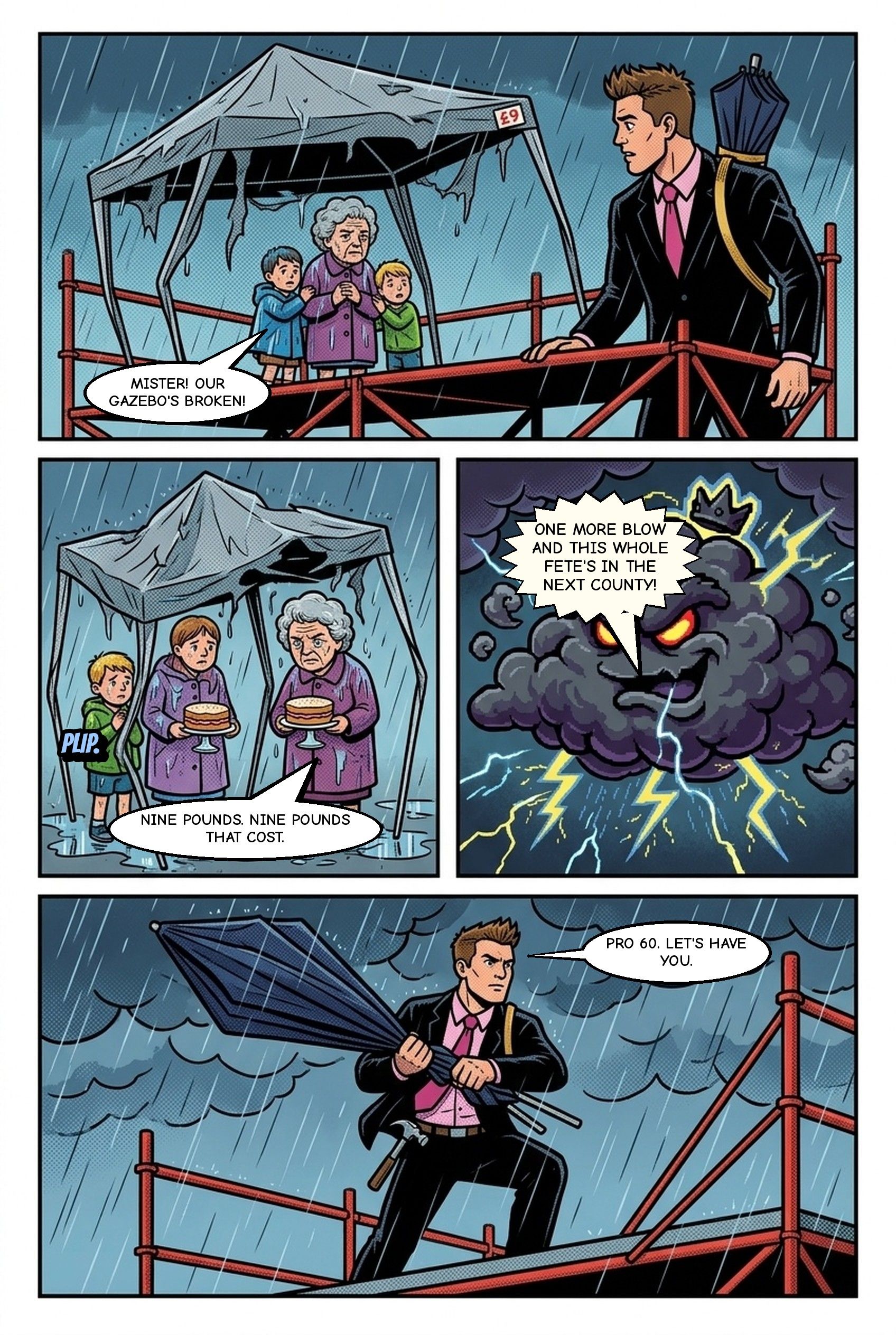 Comic page 6: a grandmother and two children stranded under a broken nine-pound gazebo as Super Mace reaches for his Pro 60