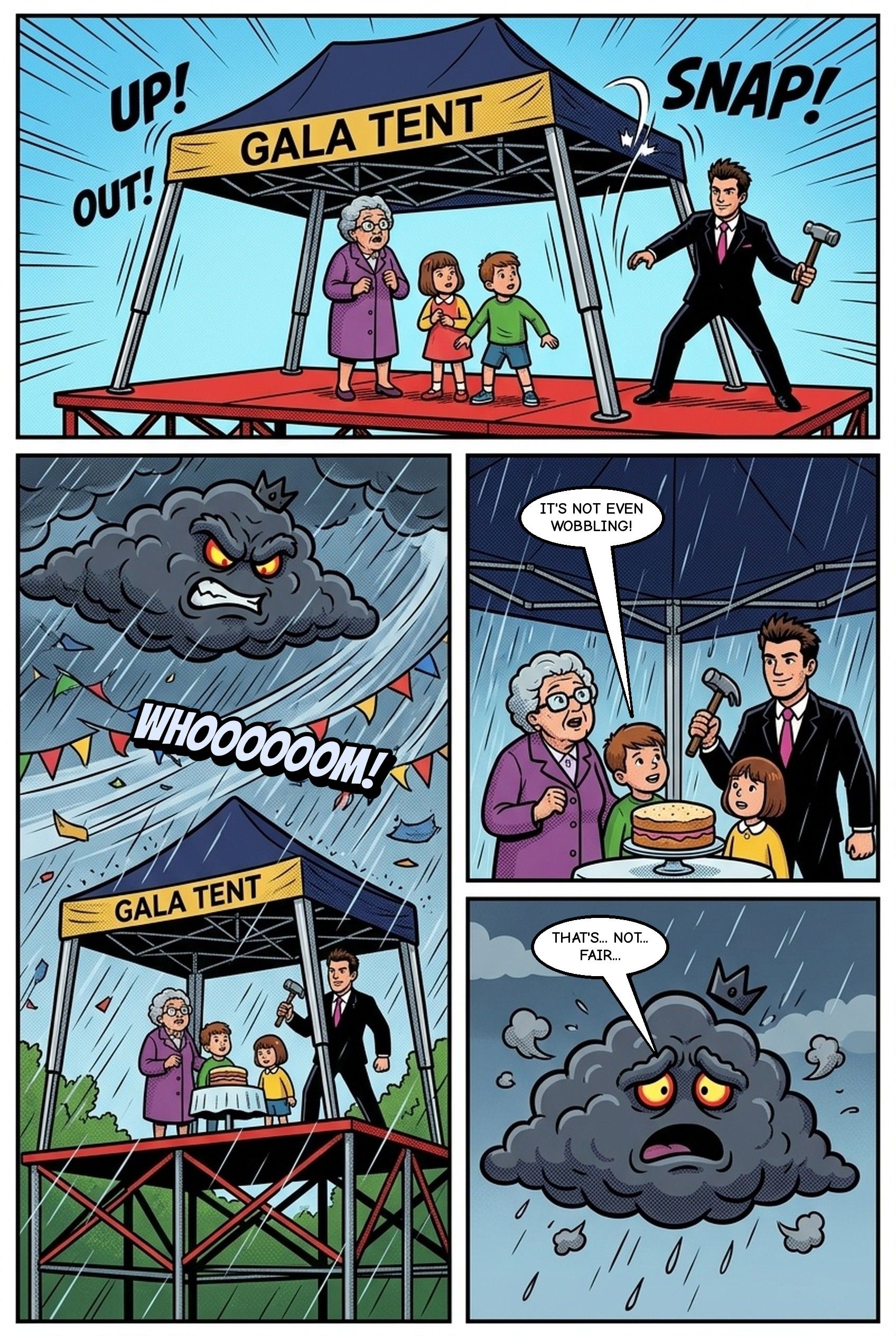 Comic page 7: the Gala Tent gazebo stands firm against Storm Gary's biggest gust and the storm cloud admits defeat
