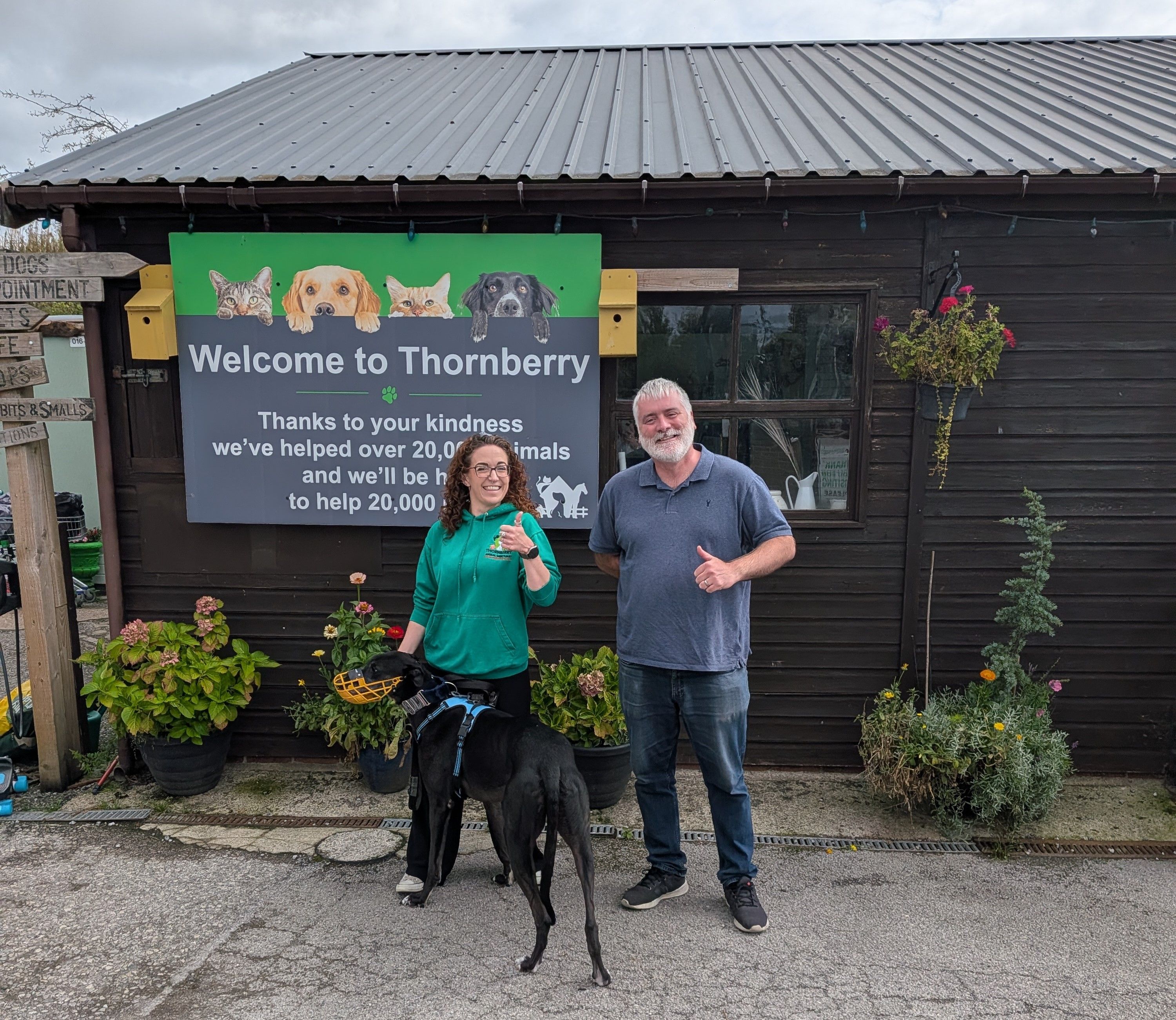 Lynsey Colebrook, Ryan Bracha and Duke the Greyhound at Thornberry Animal Sanctuary