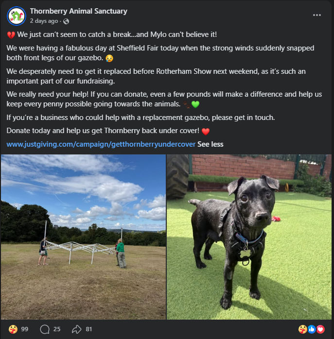 Social media post showing Thornberry Animal Sanctuary appealing for help with a broken gazebo