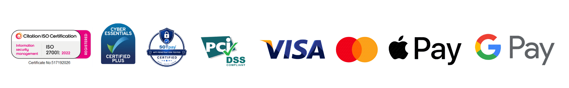 security and payment brand logos, including Visa, ISO 27001, Apple Pay and more