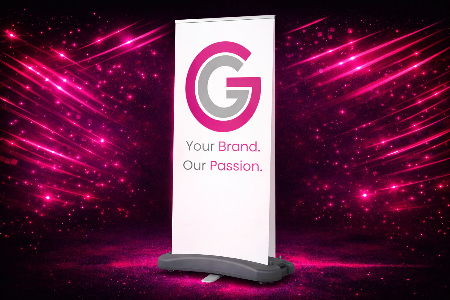 Upright banner on a black background with sparkling pink flashes