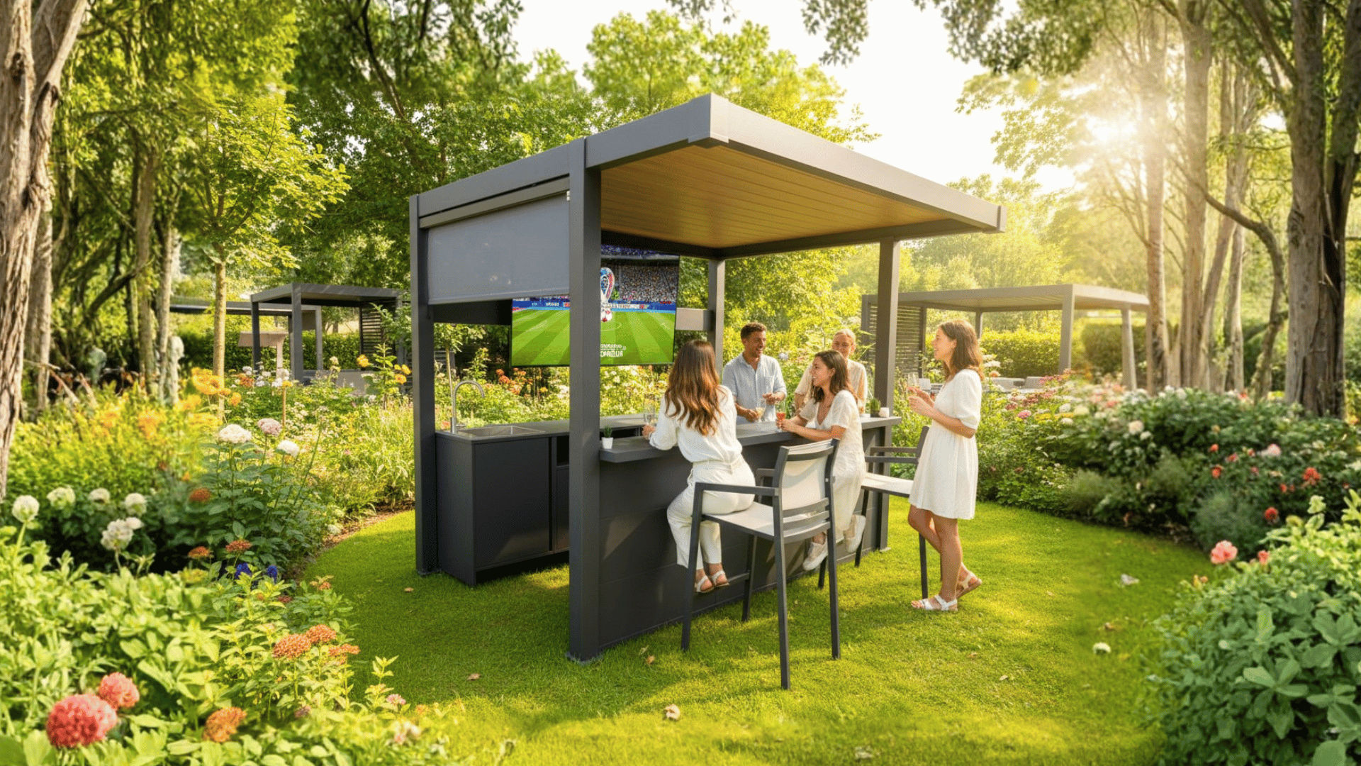 Guests socialising at the bar of a garden pergola kitchen